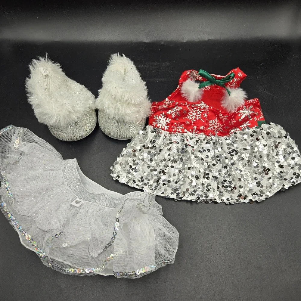 Build A Bear Red Christmas Snowflake Dress Petticoat & Fur Boots BAB Glitter Seq